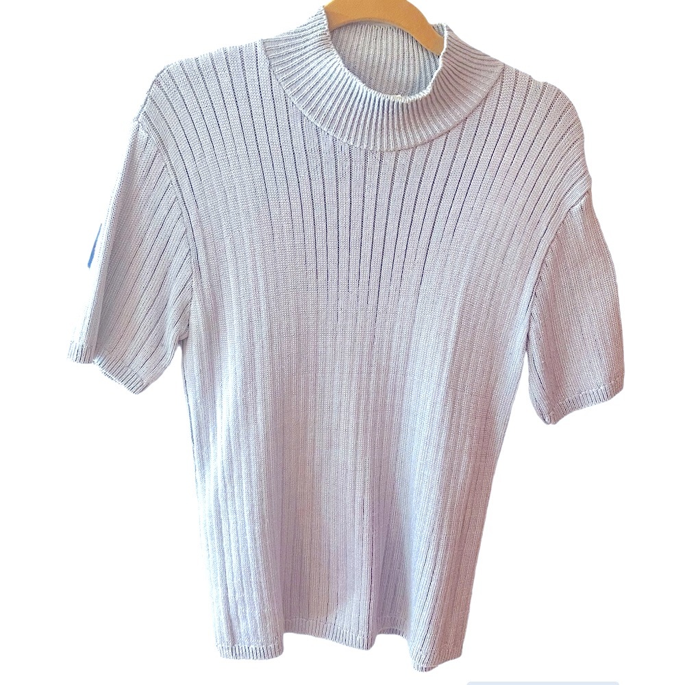 Steel Blue High Neck Short Sleeve Ribbed Top by Cotton Forever.   Size = Large.